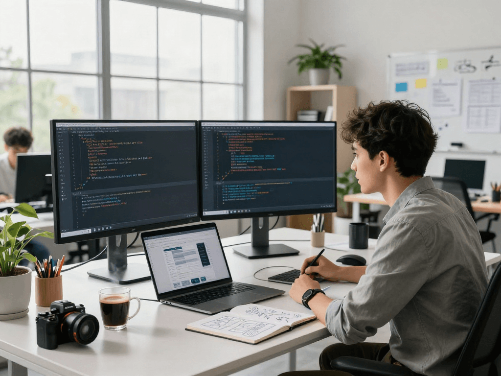 Développeur utilisant Atlas pro ontv dans un bureau moderne avec écrans et café.