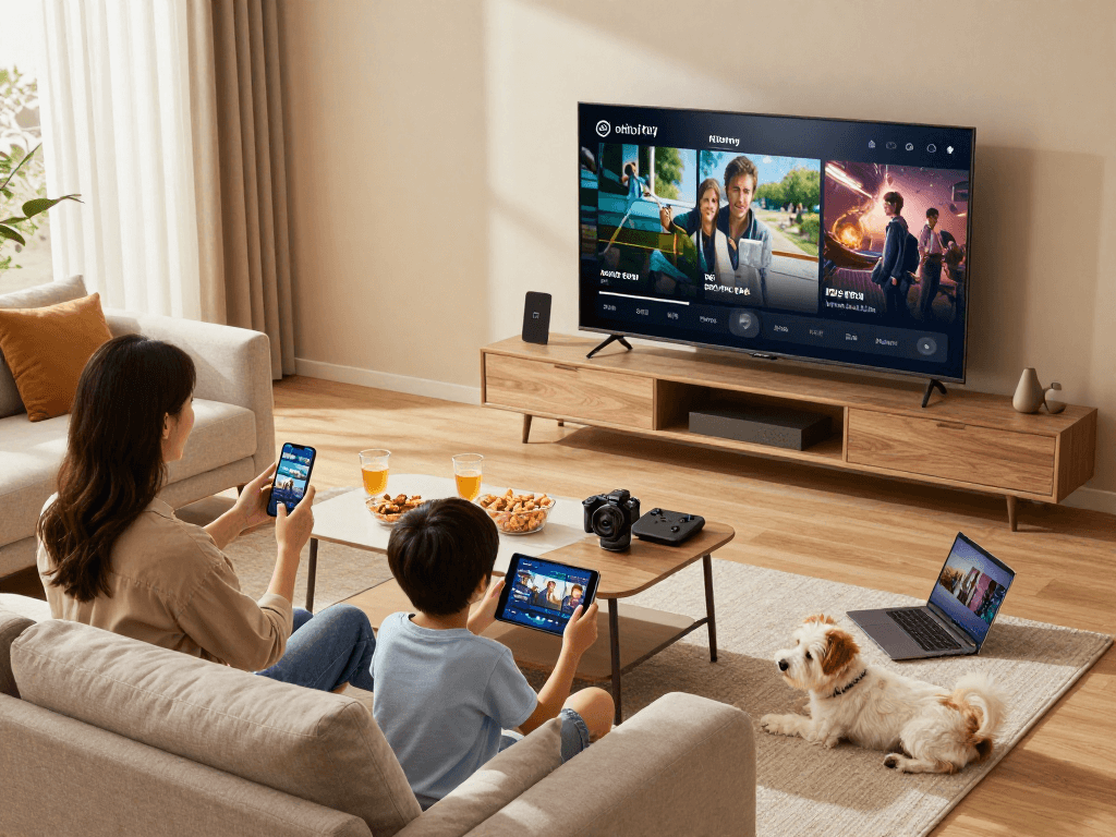 La famille utilisant Atlas pro pour regarder la télévision, films et séries ensemble dans un salon moderne.