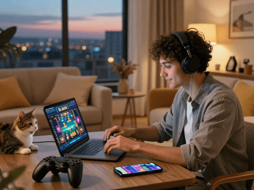 Personne jouant à un casino en ligne en France sur un ordinateur portable dans un salon moderne, ambiance chaleureuse et accueillante.
