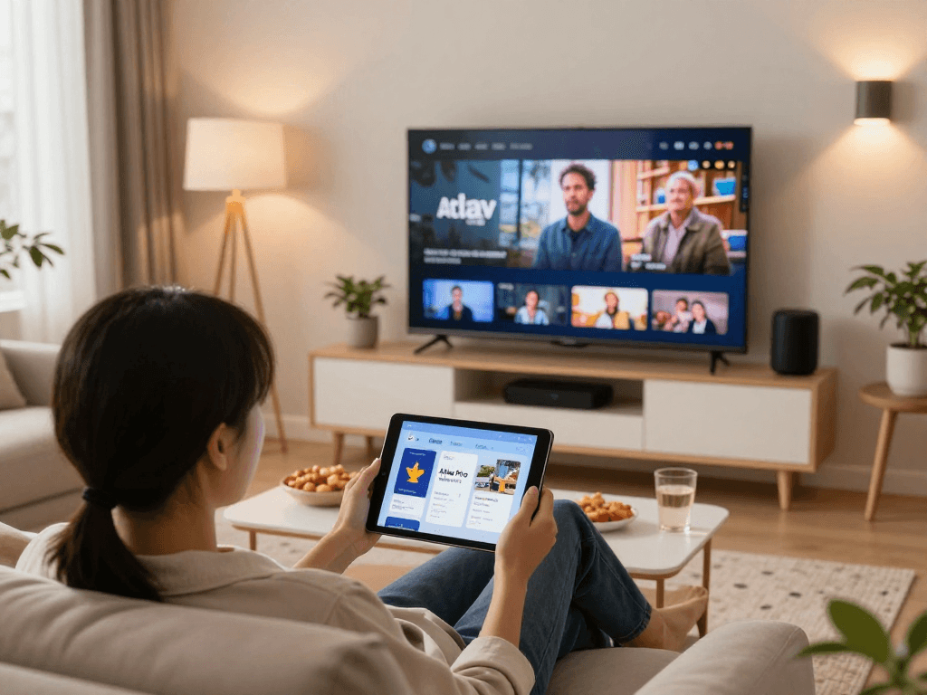 Profitez de l’Atlas Pro ONTV sur un canapé moderne avec TV 4K.