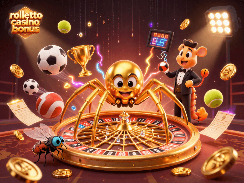 Expérimentez le bonus Rolletto casino avec une illustration dynamique d'une araignée dorée et un croupier centipède.