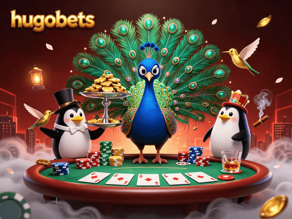 Engage with the vibrant world of hugobets casino featuring an elegant peacock and golden chips.