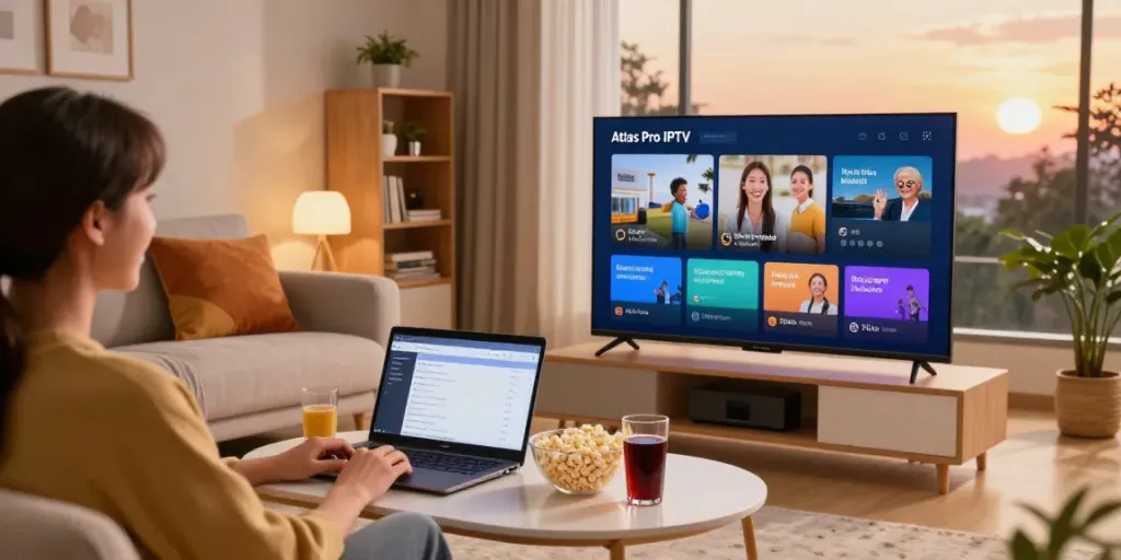Expérience de streaming Atlas Pro IPTV dans un salon accueillant, utilisant l'application sur TV.