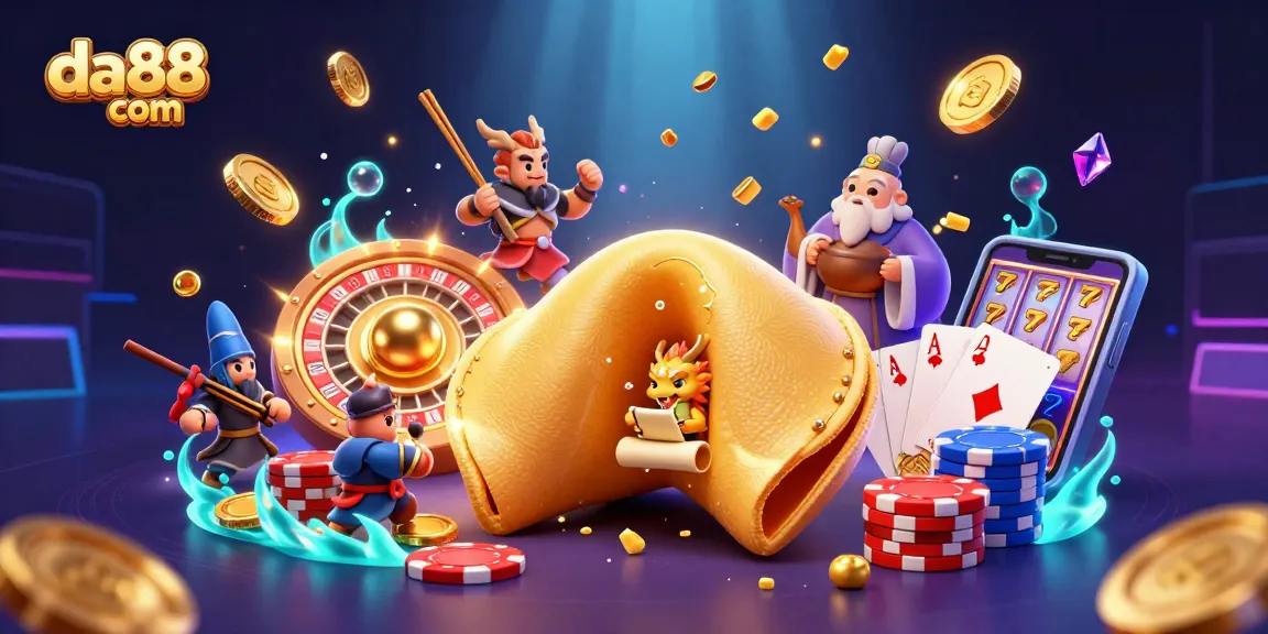 Experience excitement with da88 com as a golden fortune cookie reveals its treasure amidst vibrant casino elements.