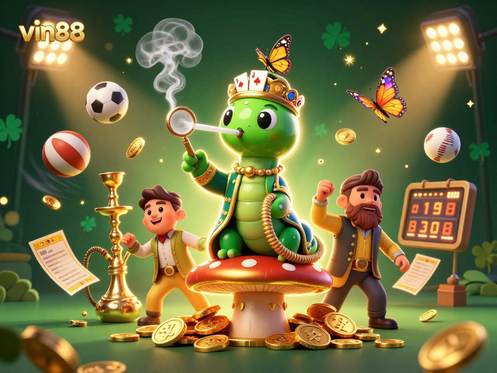 Experience vin88's thrilling action with a vibrant 3D illustration of a hookah-master sultan
