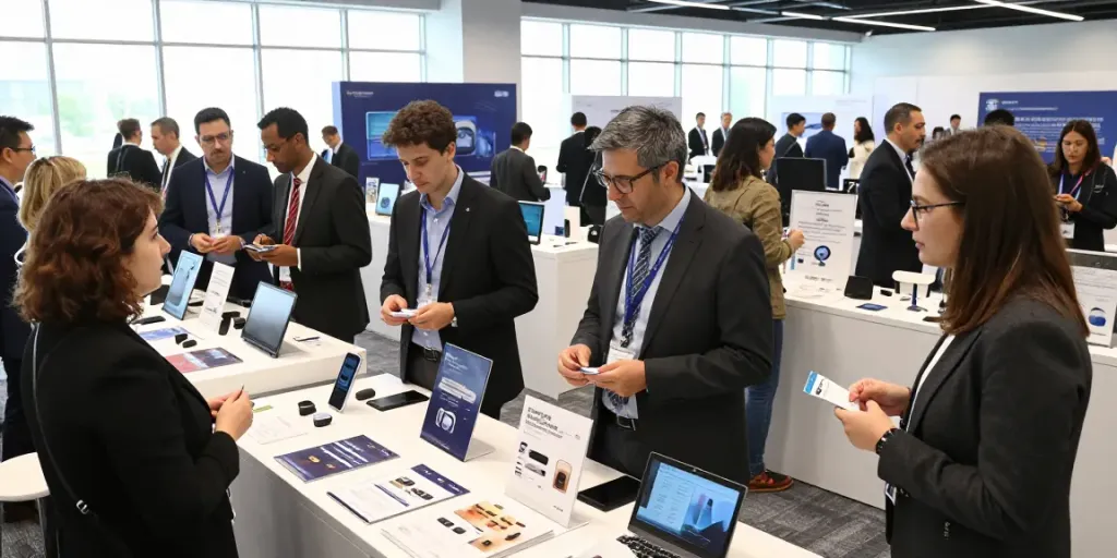 Expositores au salon professionnel avec des visiteurs échangeant des cartes et découvrant des produits.