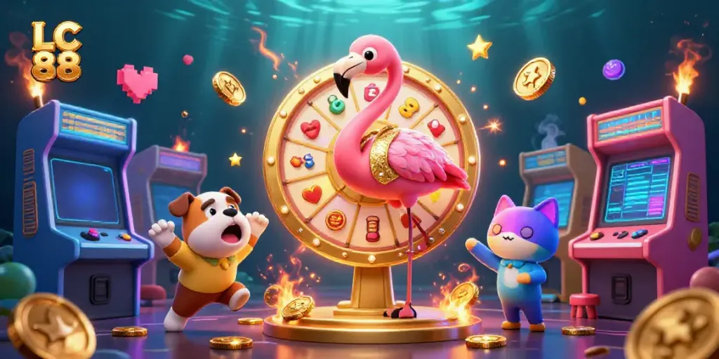 Engage in thrilling gaming action at LC 88 with a flamboyant prize wheel and animated characters!
