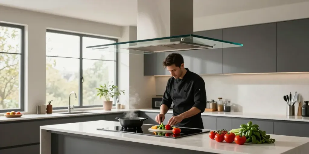 Installation d'une hotte d'îlot central moderne dans une cuisine élégante avec des ingrédients frais.