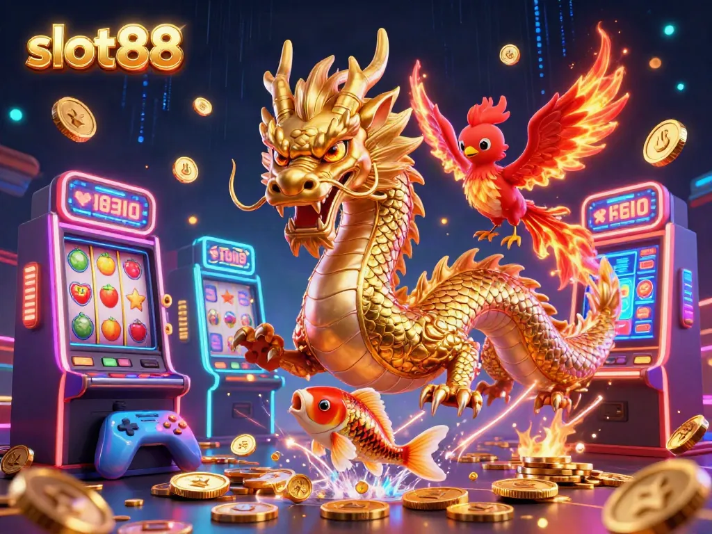 Experience slot88's captivating world with a golden dragon, phoenix, and koi fish in a dynamic casino illustration.