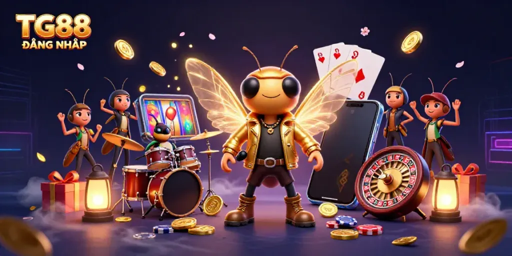 Play the vibrant TG88 ĐĂNG NHẬP scene featuring a rock star cicada and engaging casino elements.