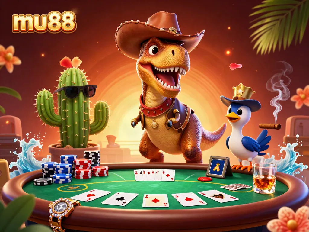Engaging mu88 poker scene with T-Rex, cactus, and roadrunner characters around a vibrant poker table