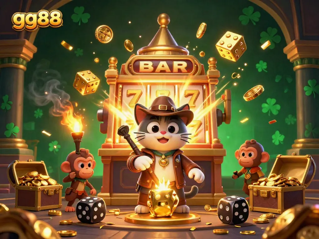 Experience thrilling moments at gg88 with a cat archaeologist discovering casino treasures in a vibrant temple.
