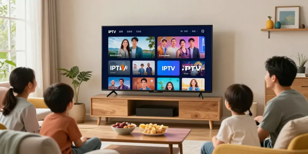 La famille profitant de l'application atlas pro sur une télévision à écran plat dans un salon cosy.