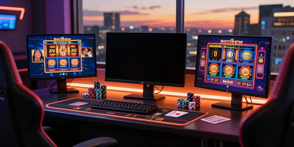 Scène de casino en ligne avec jeux de casino, jetons colorés, et ambiance urbaine.