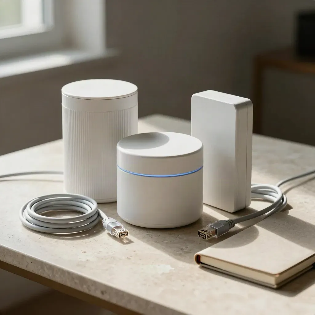 Trois box fibre blanches avec câbles Ethernet et carnet sur une table en pierre.