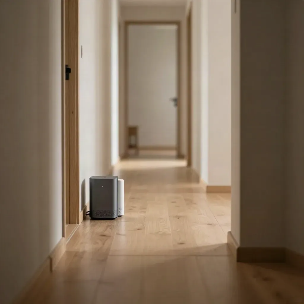 Couloir moderne avec box fibre et deux bornes mesh, lumière glissante entre portes entrouvertes.