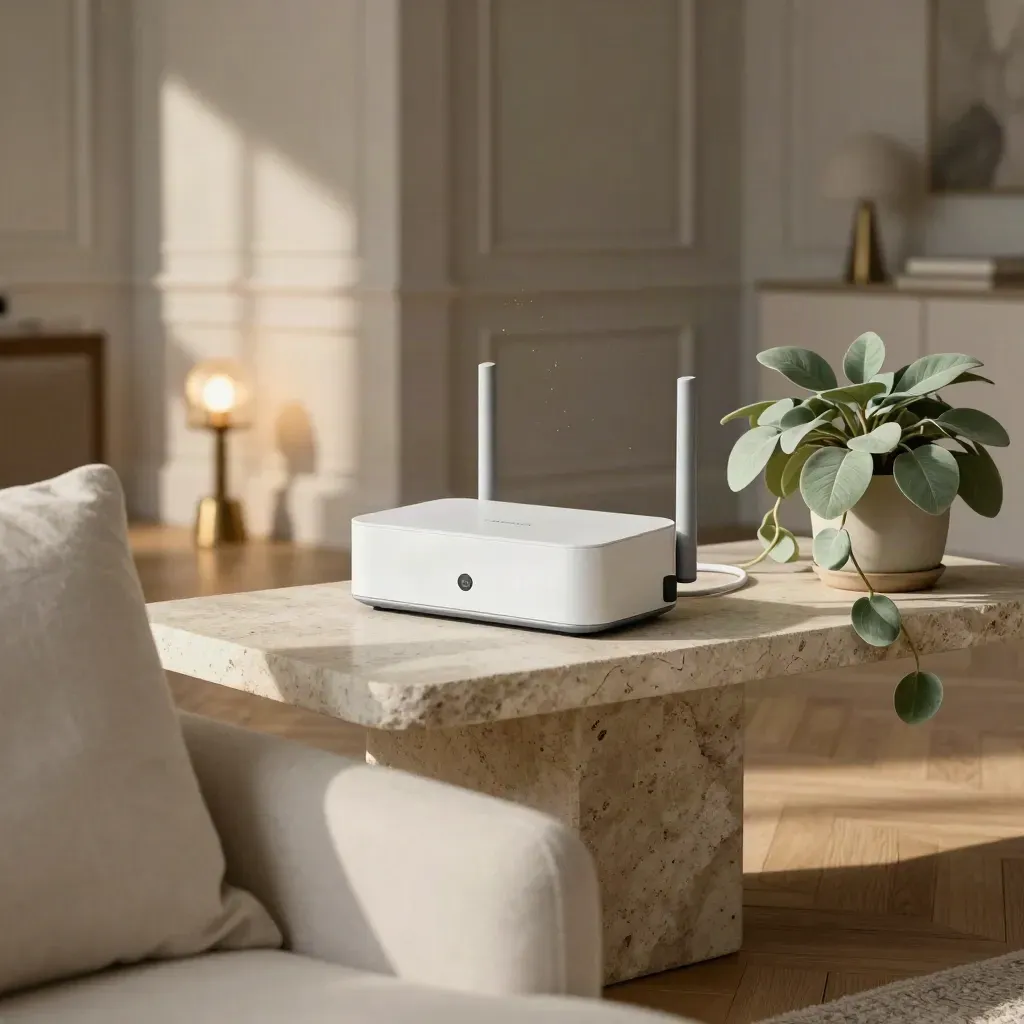 Salon haussmannien lumineux avec box fibre discrète, routeur et plante sur console en pierre.