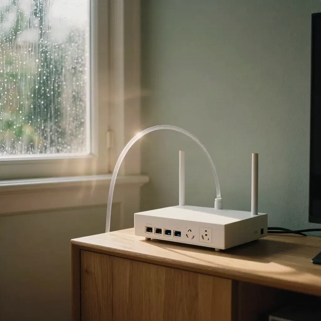 Boîtier fibre, box blanche et routeur dans un salon lumineux après la pluie.