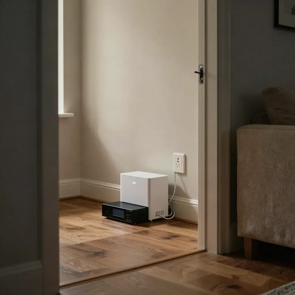 Salon sombre avec box fibre compacte, décodeur éteint et prise discrète sur mur crème.