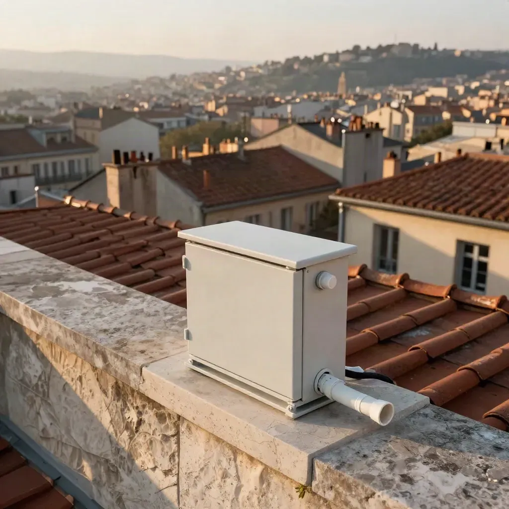Boîtier fibre discret sur un muret, toits de Lyon au lever du jour dans la brume.