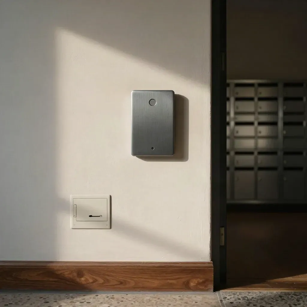 Entrée d’immeuble avec boîtes aux lettres floues et point fibre sur le mur.