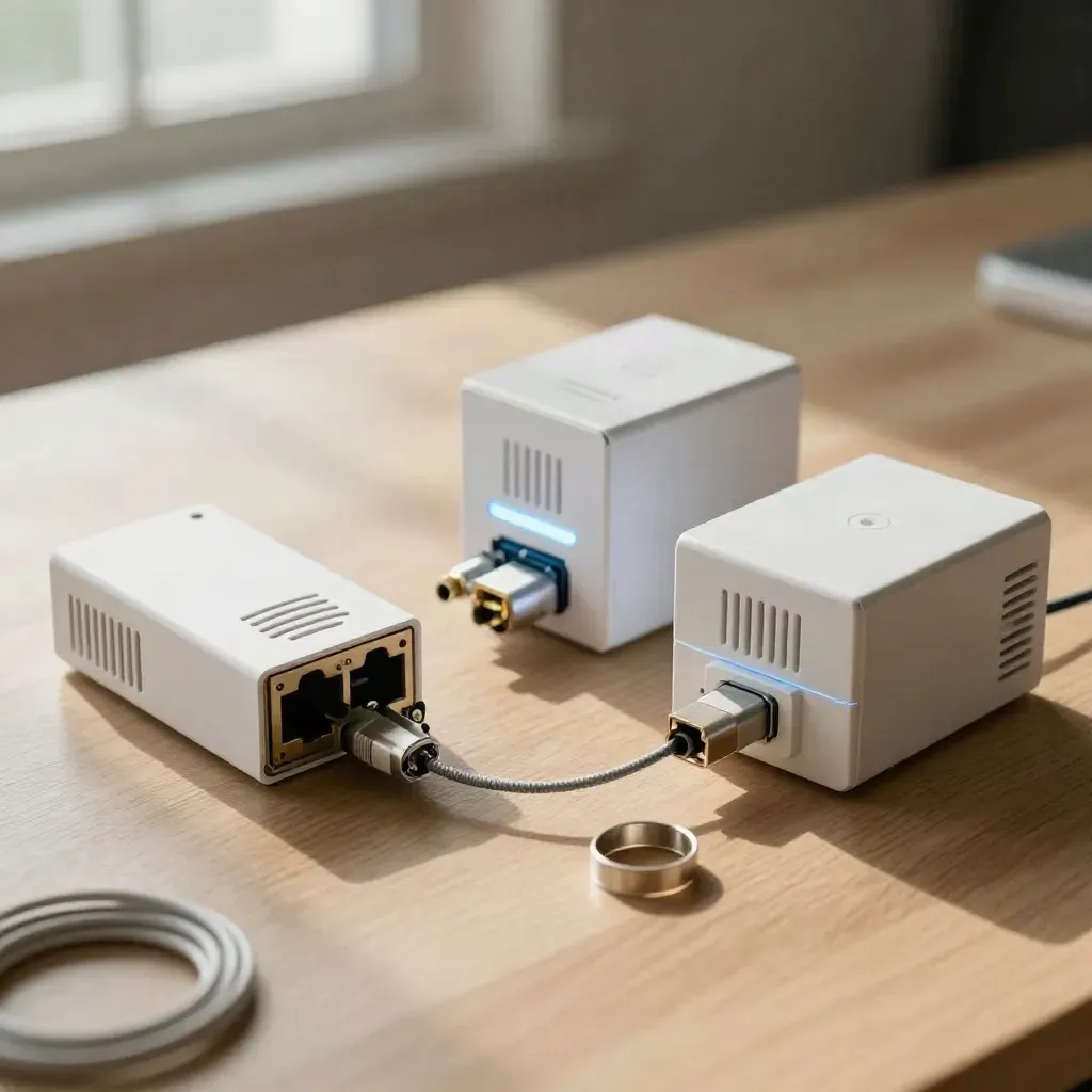 Vue zénithale inclinée de box fibre et modules Wi‑Fi sur plan de travail en bois clair.