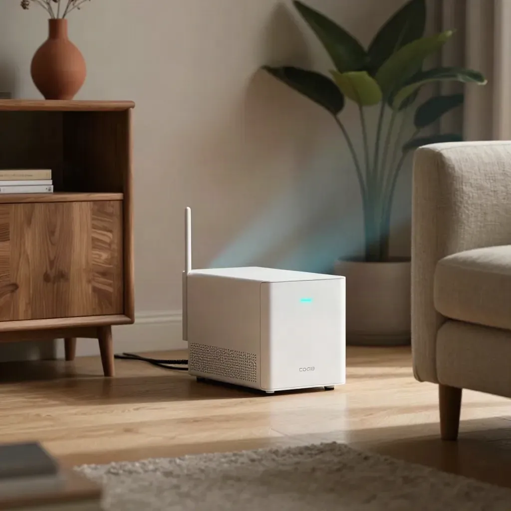Box fibre et répéteur dans un salon lumineux, vu en contre-plongée à travers le mobilier.
