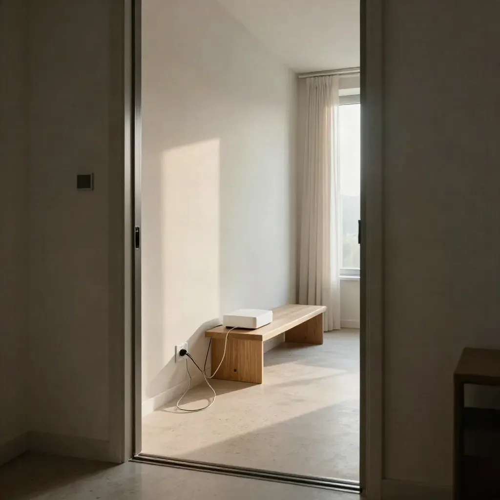 Vue d’un appartement traversant avec box fibre près de l’entrée et grandes fenêtres lumineuses.