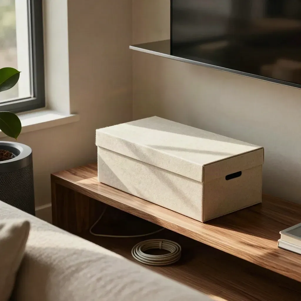 Salon loft avec box fibre sur étagère haute, module mesh près d’une plante, lumière chaude du matin.