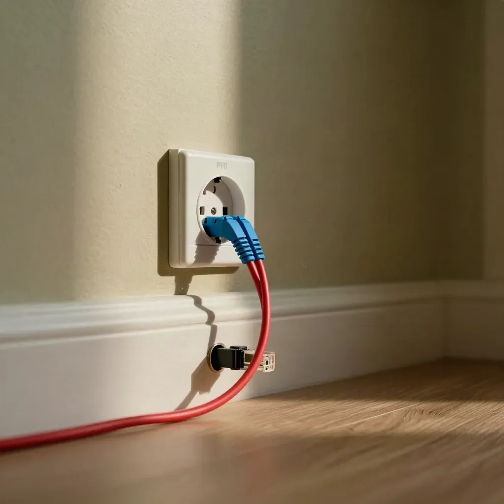Prise PTO murale avec fibre rouge et câble Ethernet guidés le long de la plinthe.