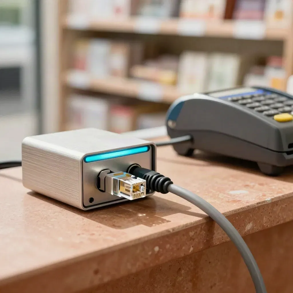 Box fibre compacte sur comptoir de boutique, terminal fermé et lumière cyan douce.