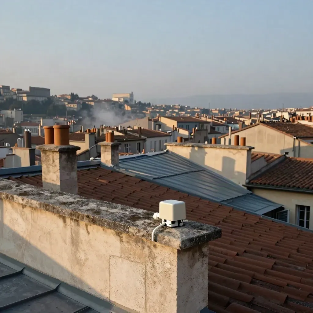 Toits de Lyon avec boîtier fibre discret sur muret de pierre, sous un ciel pâle.