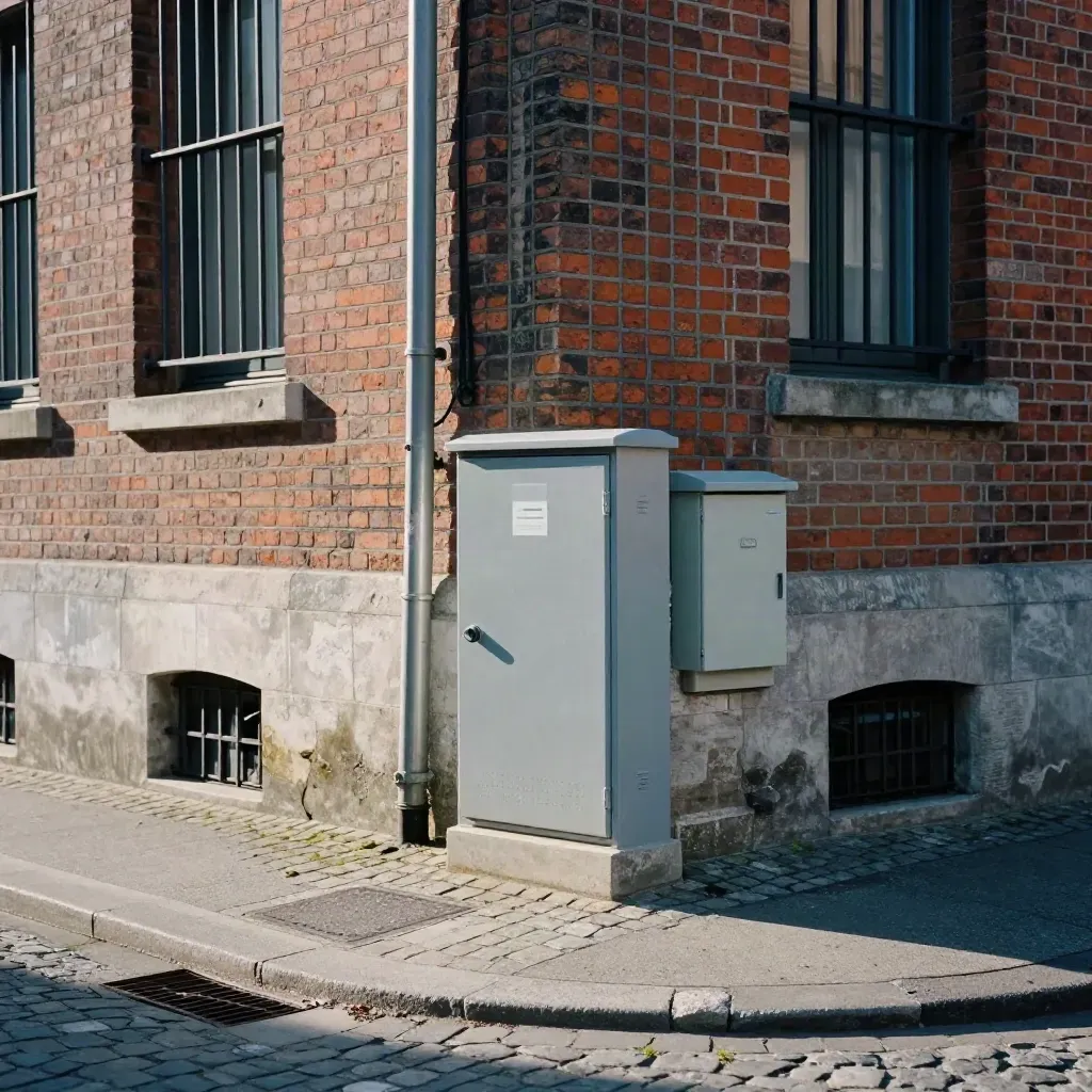 Rue de Lille en briques avec petit coffret fibre au pied d’un immeuble, vue en trois-quarts.