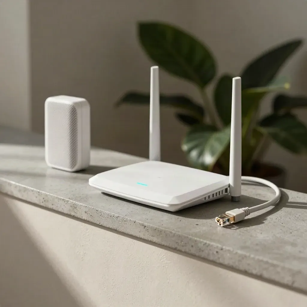 Routeur fibre, répéteur mesh, câble Ethernet et plante sur étagère claire, lumière douce.