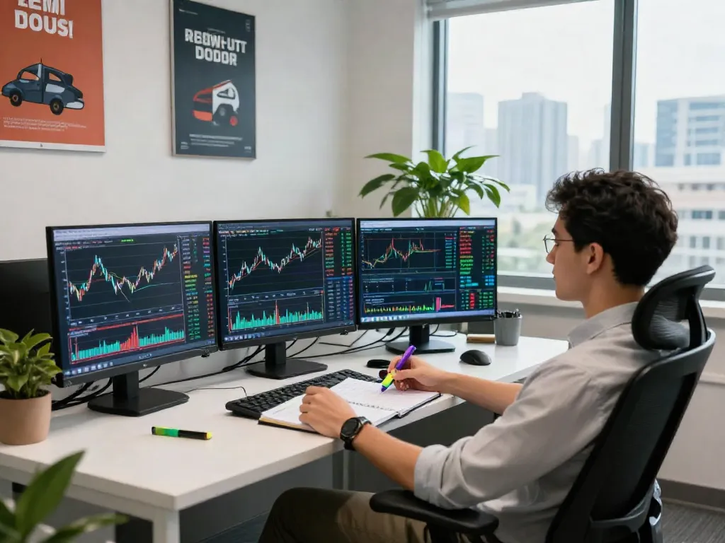 Trader analysant les tendances du marché sur Essor Invexaro, entouré d'écrans et d'une ambiance professionnelle.