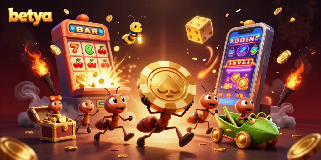 Betya team of ants winning big at a casino heist, featuring a joyful jackpot explosion.