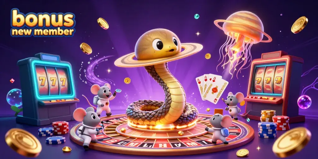 Engaging 3D scene showcasing astronauts betting with a cosmic dealer, featuring bonus new member elements, golden coins, and slot reels.