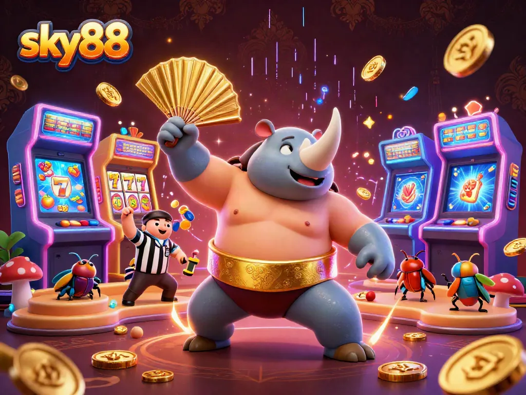Sky88 showcases thrilling slot games with a dynamic 3D rhinoceros beetle champion and vibrant game elements.