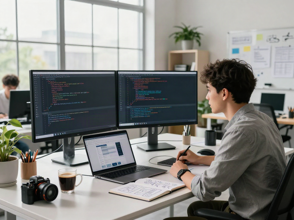 Développeur utilisant Atlas pro ontv dans un bureau moderne avec écrans et café.