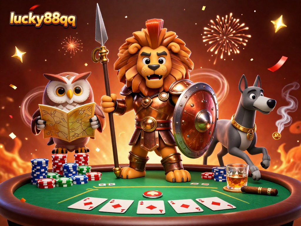 Experience thrilling gameplay at lucky88qq with a lively 3D illustration of a Spartan lion and its companions.