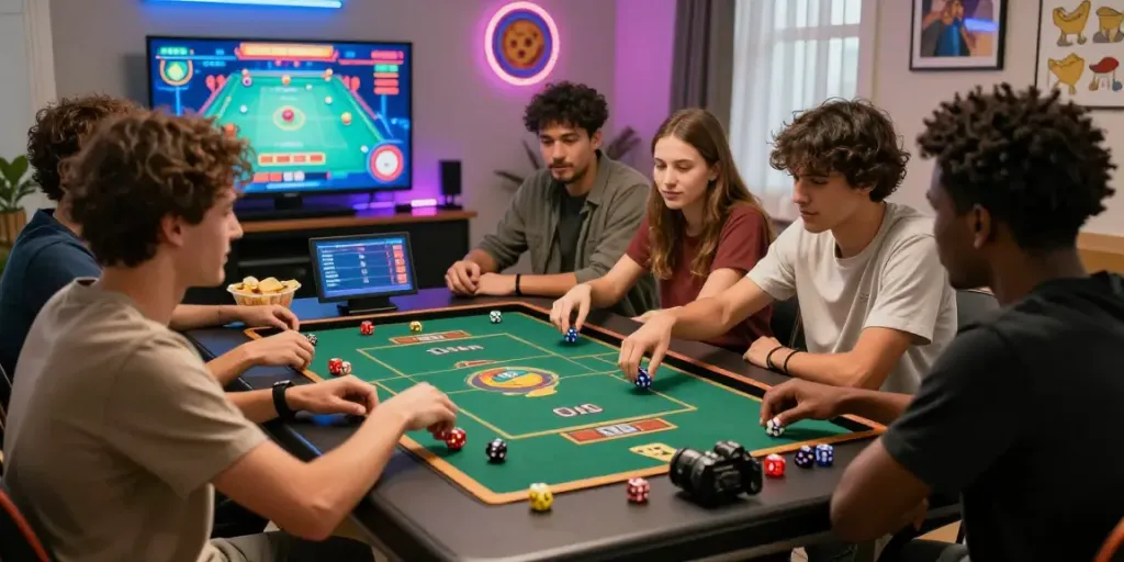 Amis jouant aux jeux de dés en ligne, avec des dés colorés et un environnement énergique.