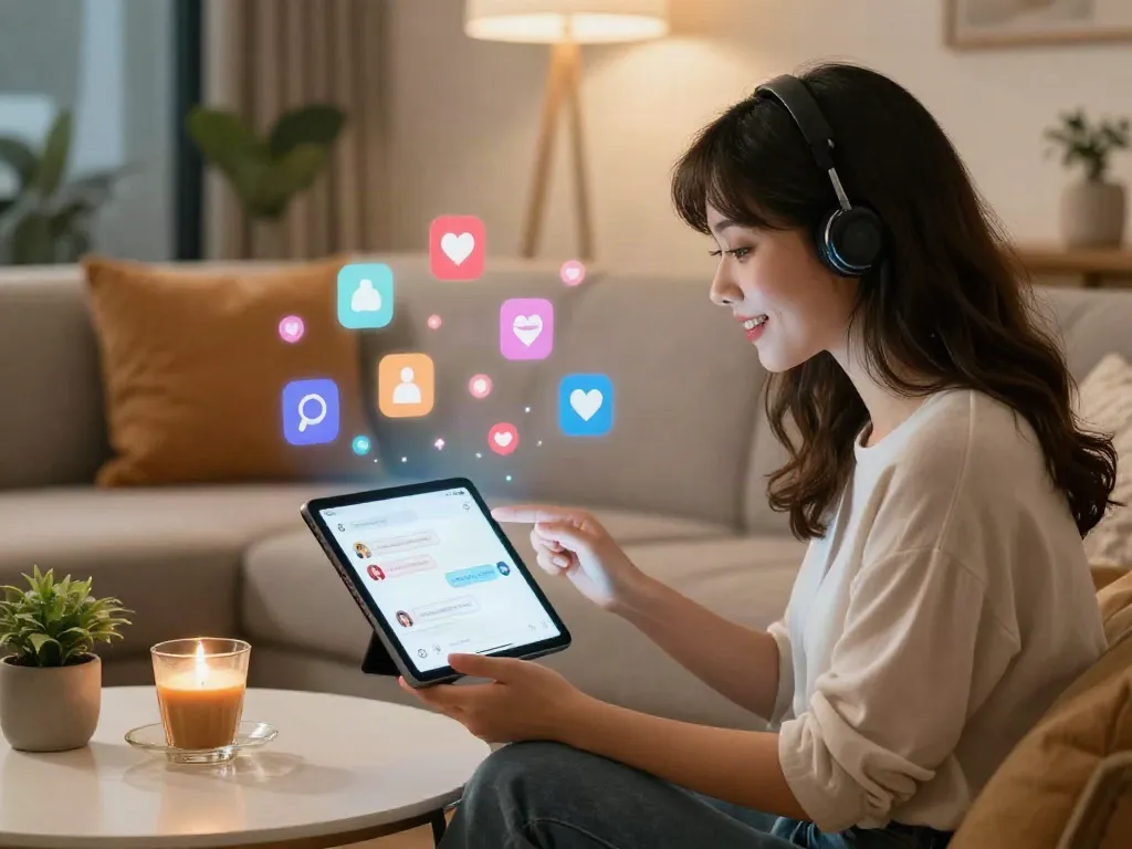 Engaging digital chat with a free ai slut on a cozy lounge setting, showcasing interaction and intimacy.