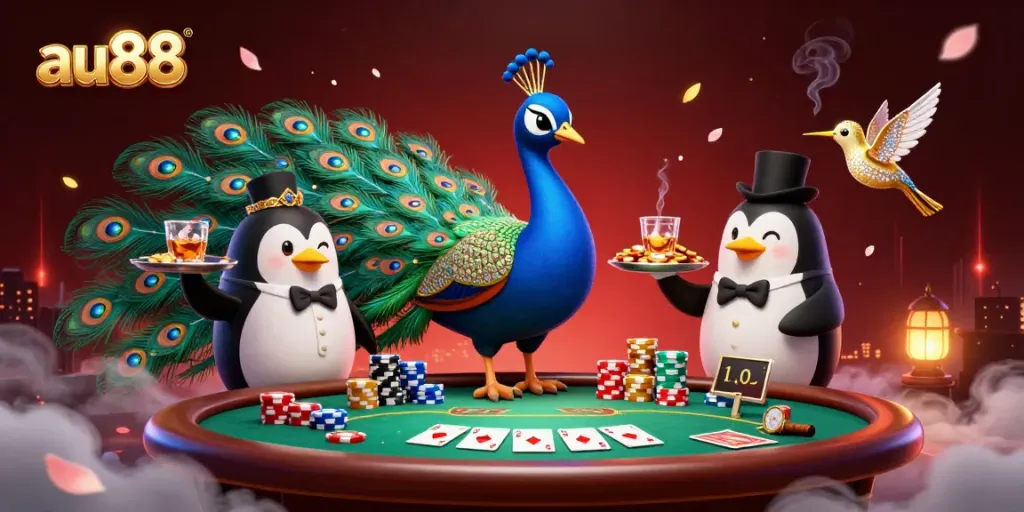 Experience premium gambling thrills with au88 in a vibrant casino scene featuring a peacock, penguin, and hummingbird.