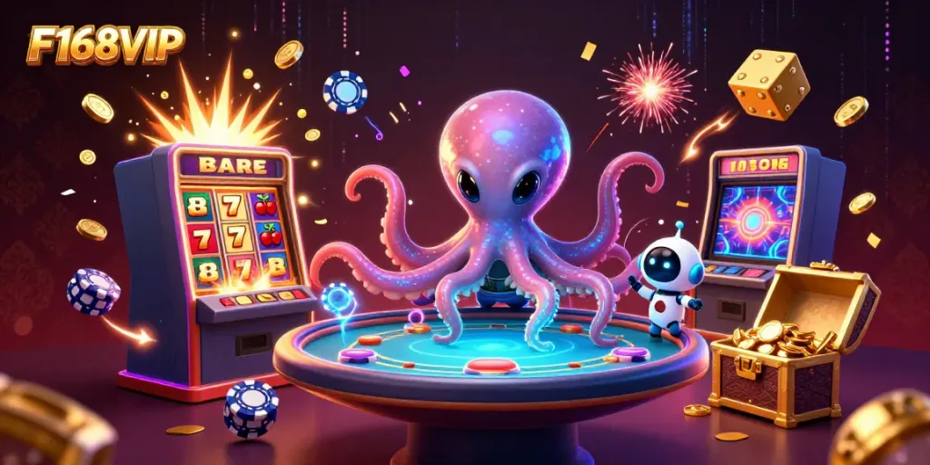 Experience thrilling gaming at F168VIP with a vibrant alien octopus mastering holographic poker.